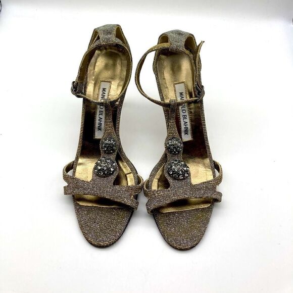 Manolo Blahnik Dixie Metallic T-Strap  Heels Sandals Size 35,5 Made in Italy - Picture 2 of 14